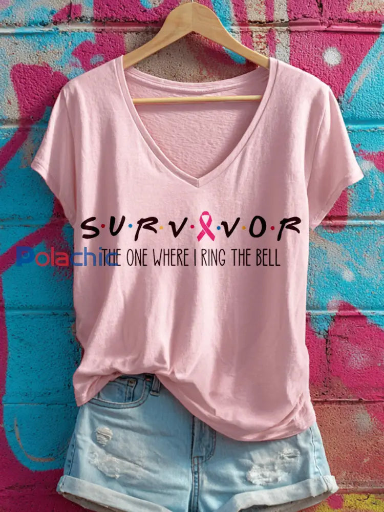 T-shirt à col en V Survivor The One When I Ring The Bell pour femme Rose / S