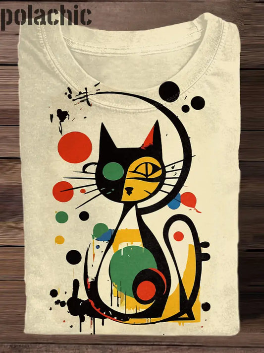 T-Shirt À Col Rond La Mode Imprimé Art Chat Coloré Rétro