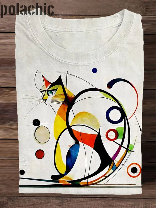 T-Shirt À Col Rond La Mode Imprimé Art Chat Coloré Rétro