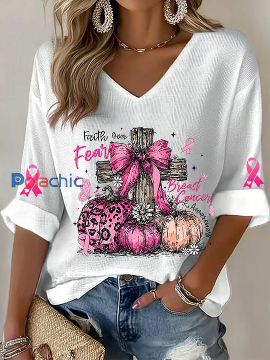 T shirt à gaufres ruban rose pour femmes sensibilisation au cancer du sein Blanc / S