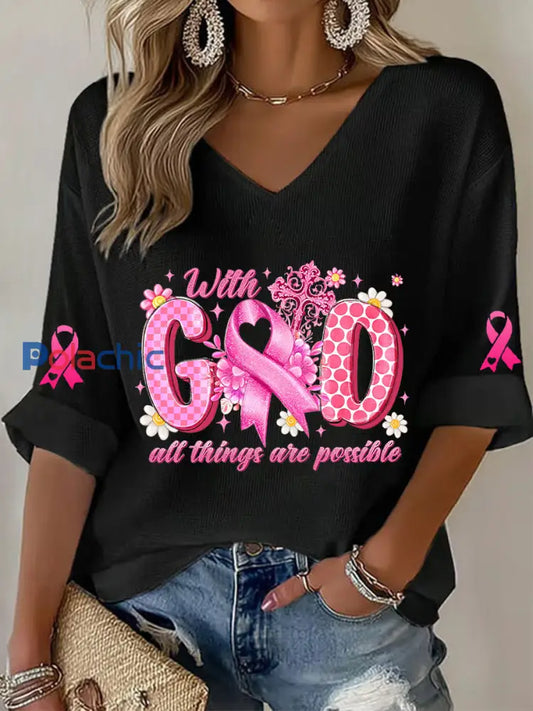 T shirt à gaufres ruban rose pour femmes sensibilisation au cancer du sein Noir / S