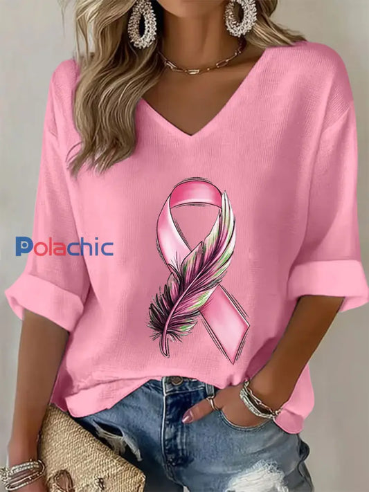 T shirt à gaufres ruban rose pour femmes sensibilisation au cancer du sein Rose / S