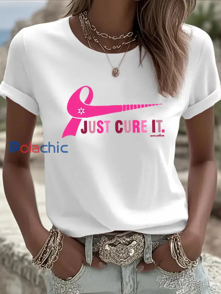 T-shirt à imprimé Just Cure It de sensibilisation au cancer du sein pour femmes Blanc / S