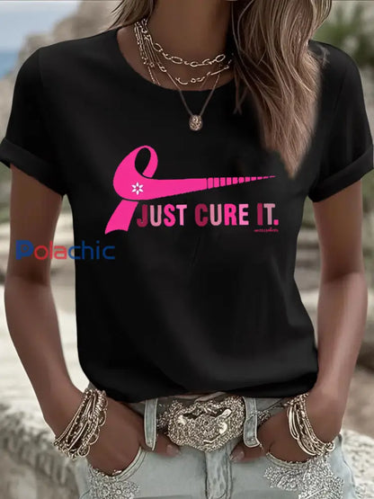 T-shirt à imprimé Just Cure It de sensibilisation au cancer du sein pour femmes Noir / S