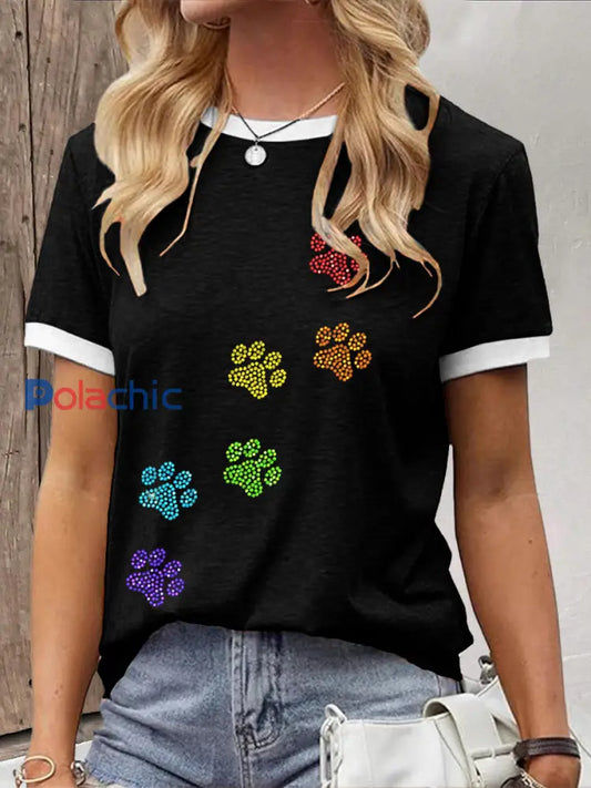 T-shirt à imprimé patte strass coloré pour femmes Noir / S