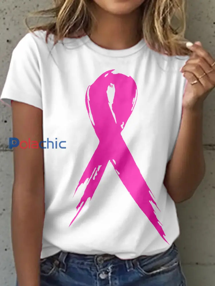 T-shirt à imprimé ruban rose pour femmes sensibilisation au cancer du sein Blanc / S