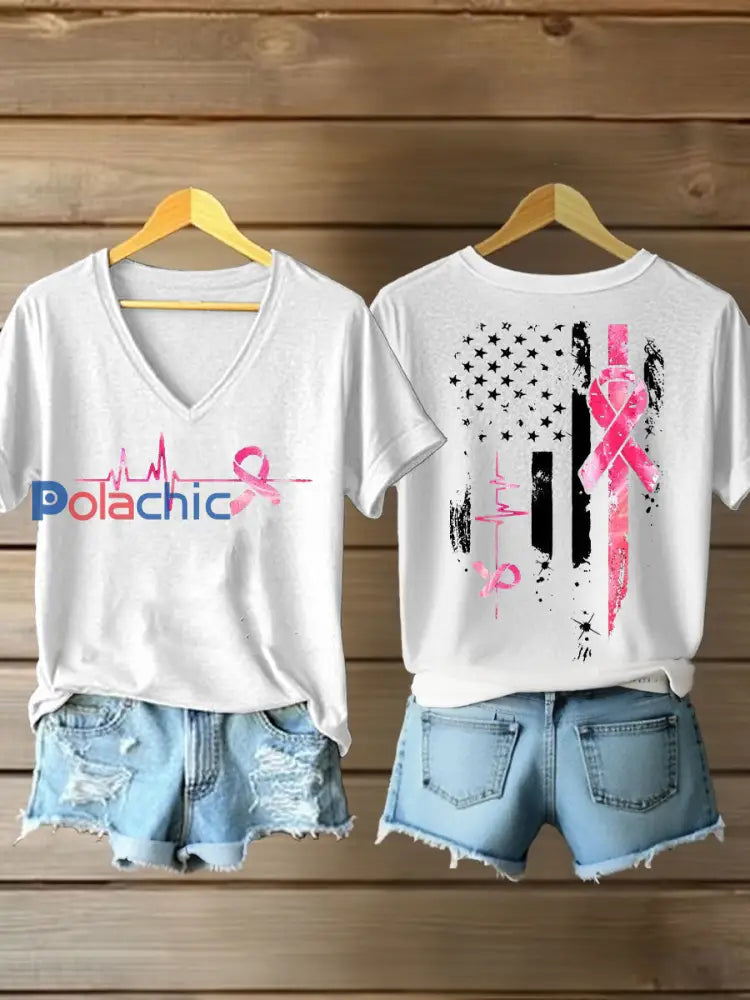 T-shirt à imprimé ruban rose pour femmes sensibilisation au cancer du sein Blanc / S