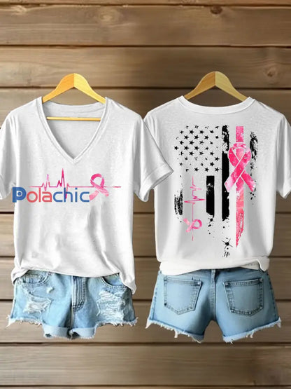 T-shirt à imprimé ruban rose pour femmes sensibilisation au cancer du sein Blanc / S