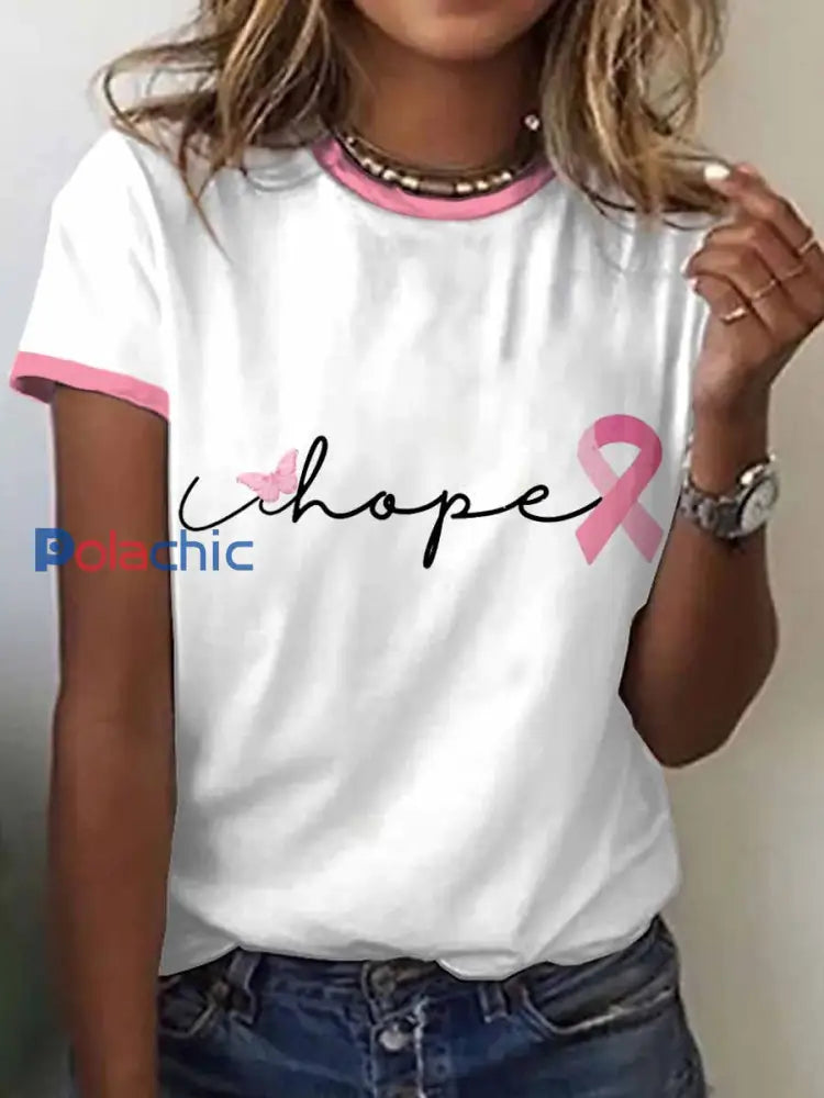 T-shirt à imprimé ruban rose pour femmes sensibilisation au cancer du sein Blanc / S