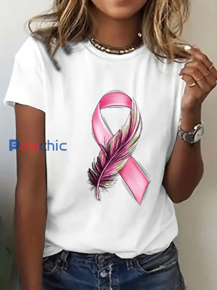 T-shirt à imprimé ruban rose pour femmes sensibilisation au cancer du sein blanc / S