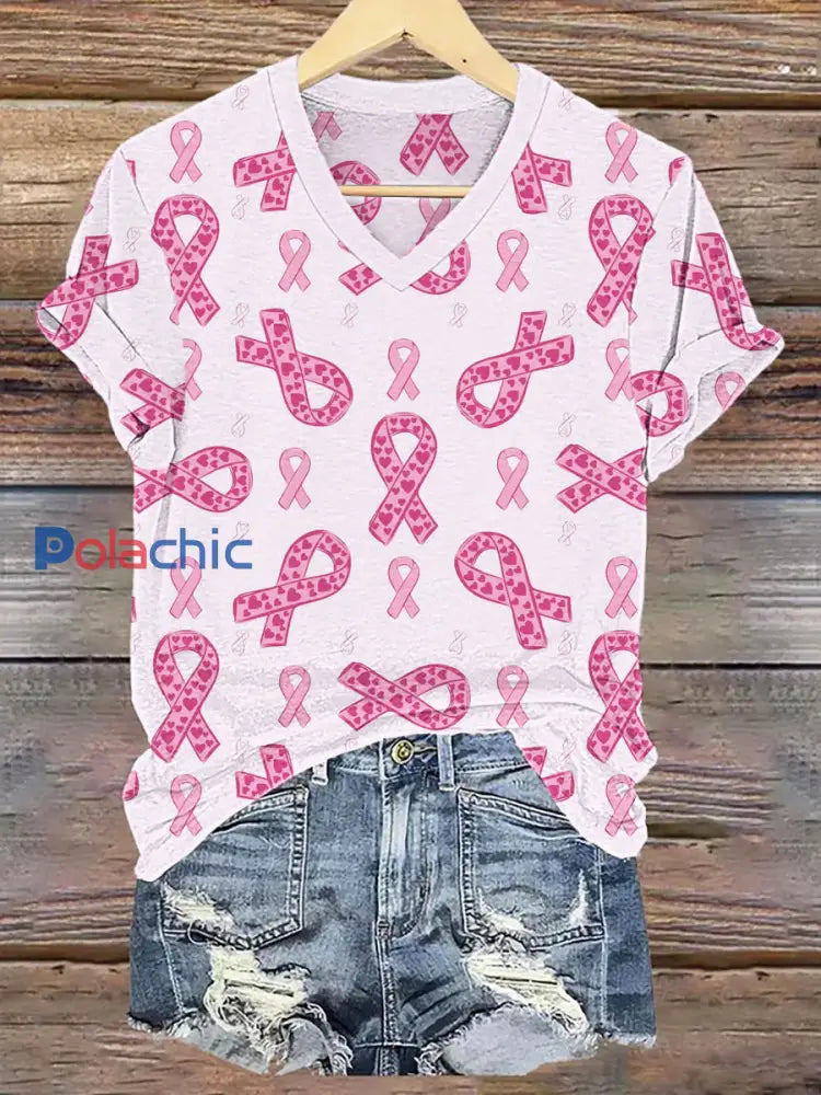 T-shirt à imprimé ruban rose pour femmes sensibilisation au cancer du sein Rose Clair / S