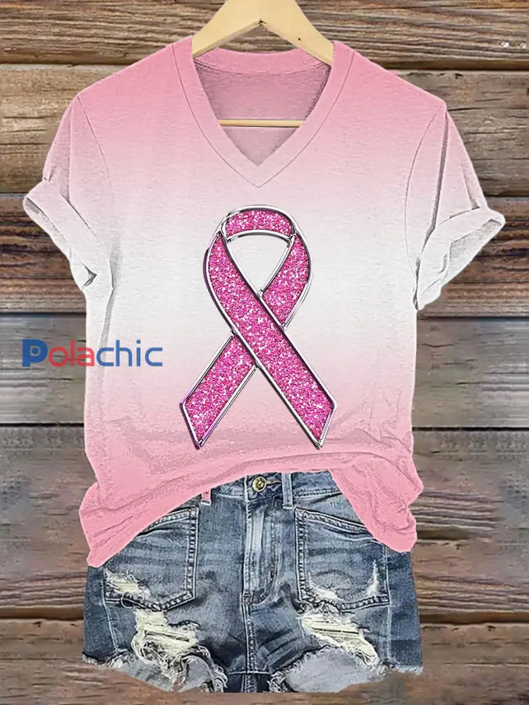 T-shirt à imprimé ruban rose pour femmes sensibilisation au cancer du sein Rose Clair / S