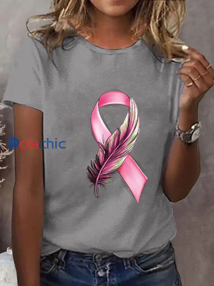 T-shirt à imprimé ruban rose pour femmes sensibilisation au cancer du sein gris clair / S