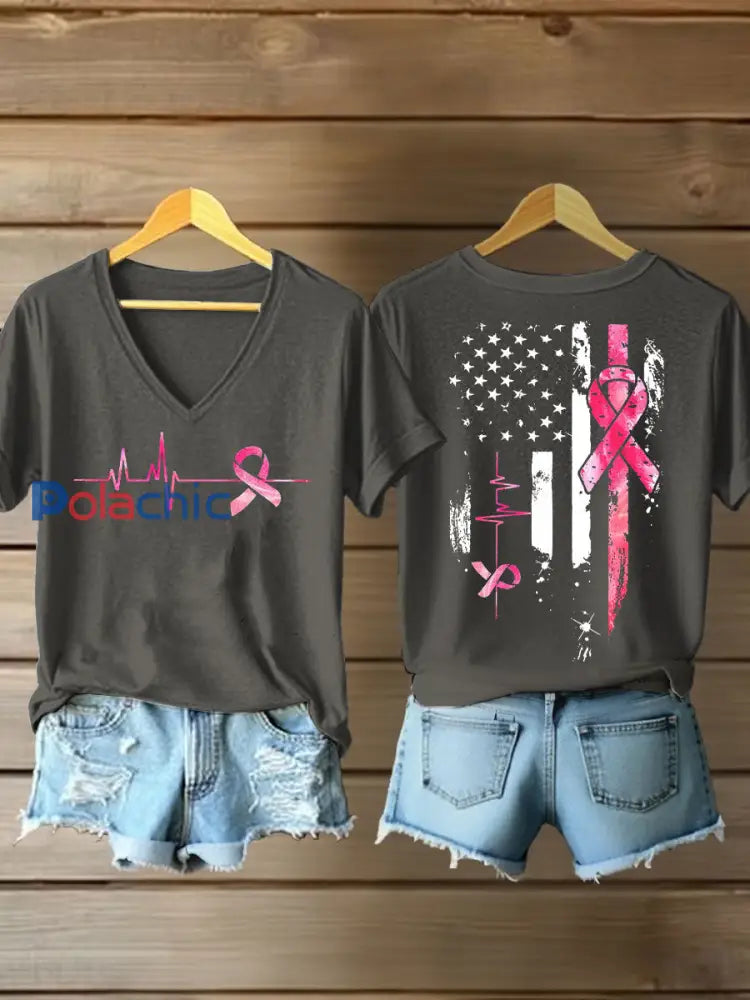 T-shirt à imprimé ruban rose pour femmes sensibilisation au cancer du sein Gris Foncé / S