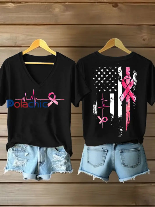 T-shirt à imprimé ruban rose pour femmes sensibilisation au cancer du sein Noir / S