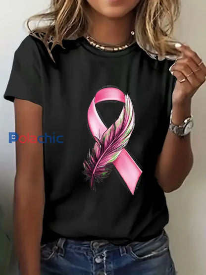 T-shirt à imprimé ruban rose pour femmes sensibilisation au cancer du sein noir / S