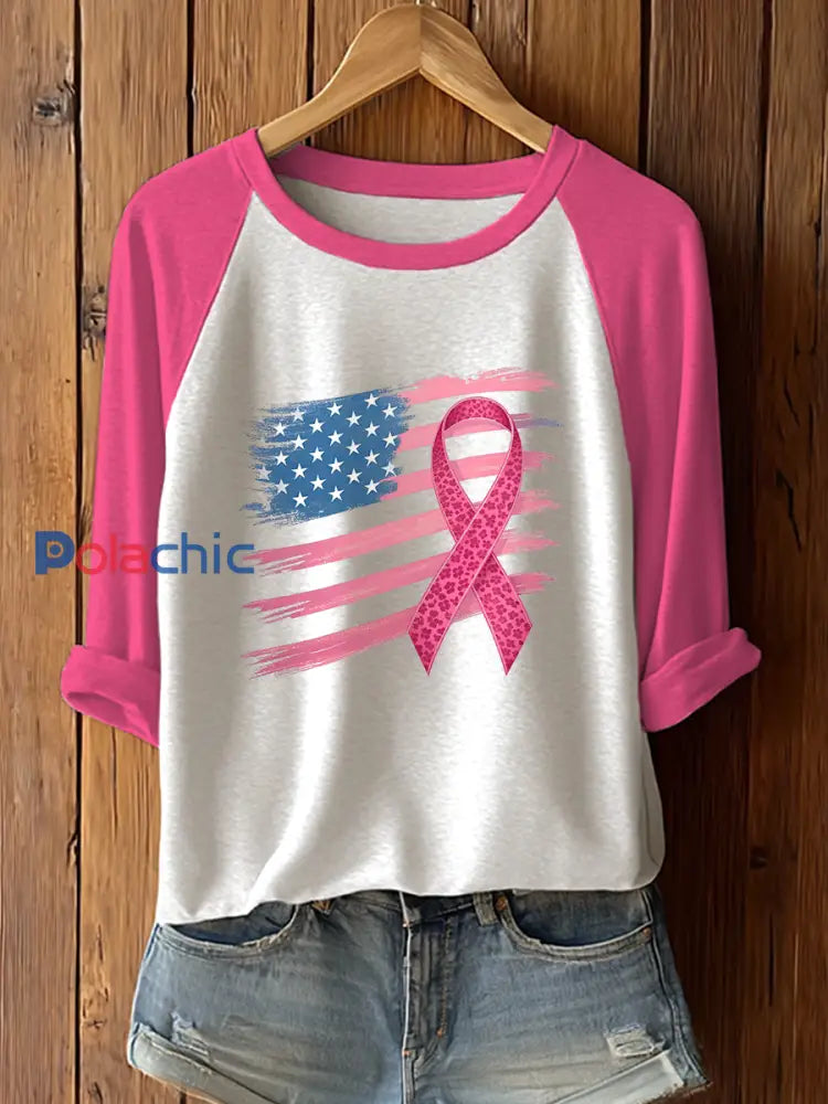 T-shirt à imprimé ruban rose pour femmes sensibilisation au cancer du sein Rose Rouge / S