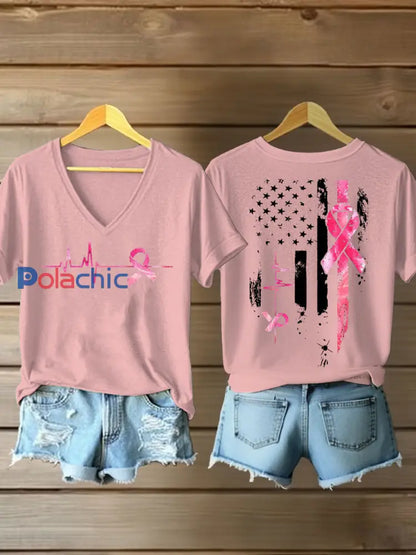 T-shirt à imprimé ruban rose pour femmes sensibilisation au cancer du sein Rose / S