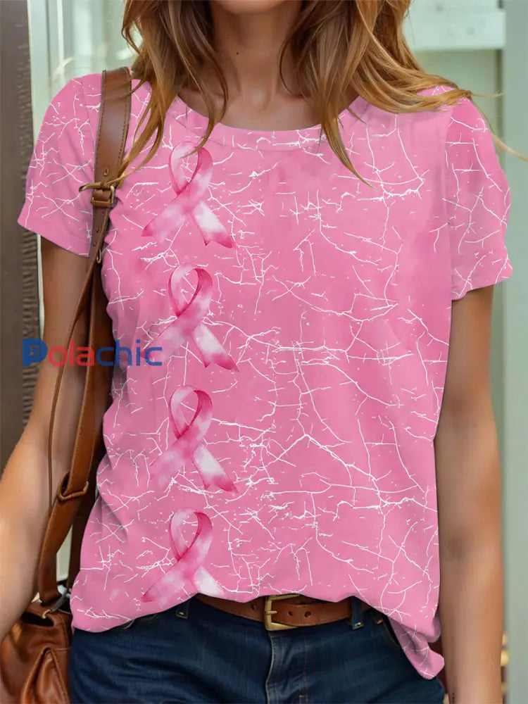 T-shirt à imprimé ruban rose pour femmes sensibilisation au cancer du sein Rose / S