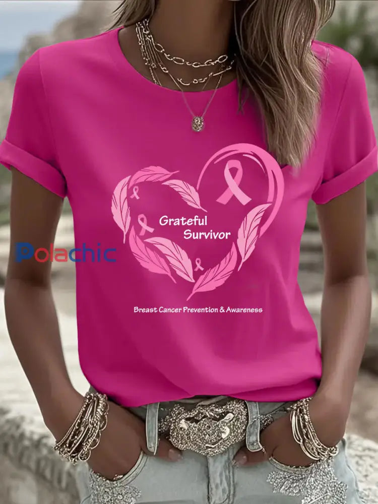 T-shirt à imprimé sensibilisation au cancer du sein pour femmes Rose Rouge / S