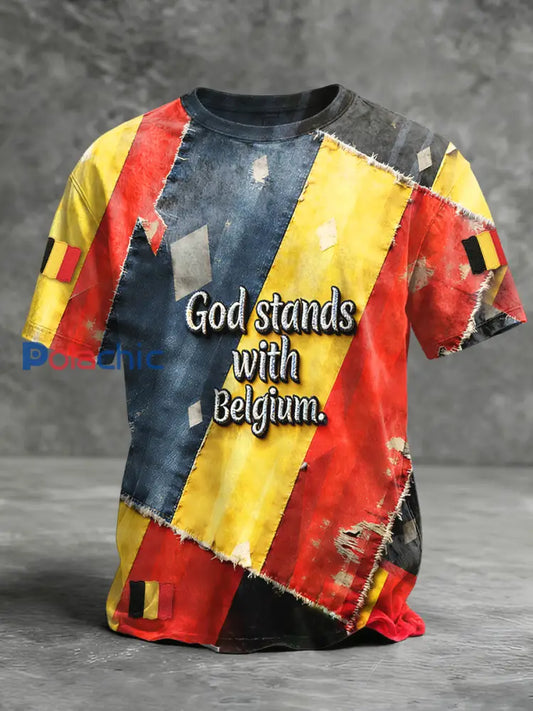 T-shirt à imprimé texte drapeau de la Belgique pour hommes Multicolore / S
