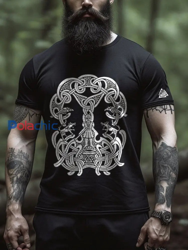 T-shirt à imprimé viking inspiré pour hommes Noir / S