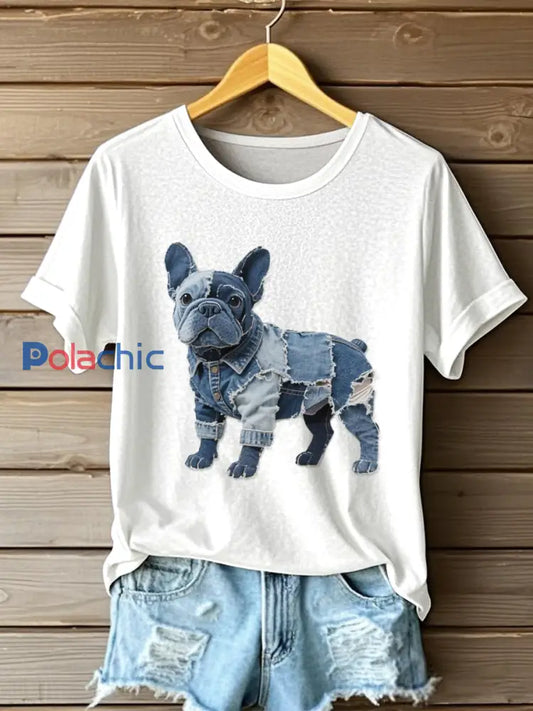 T-shirt à manches courtes Bulldog Patchwork Art Femme Blanc / S