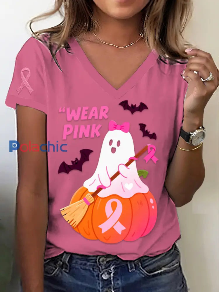 T-shirt à manches courtes à col en V à imprimé fantôme Halloween Cancer du sein rétro Rose / S