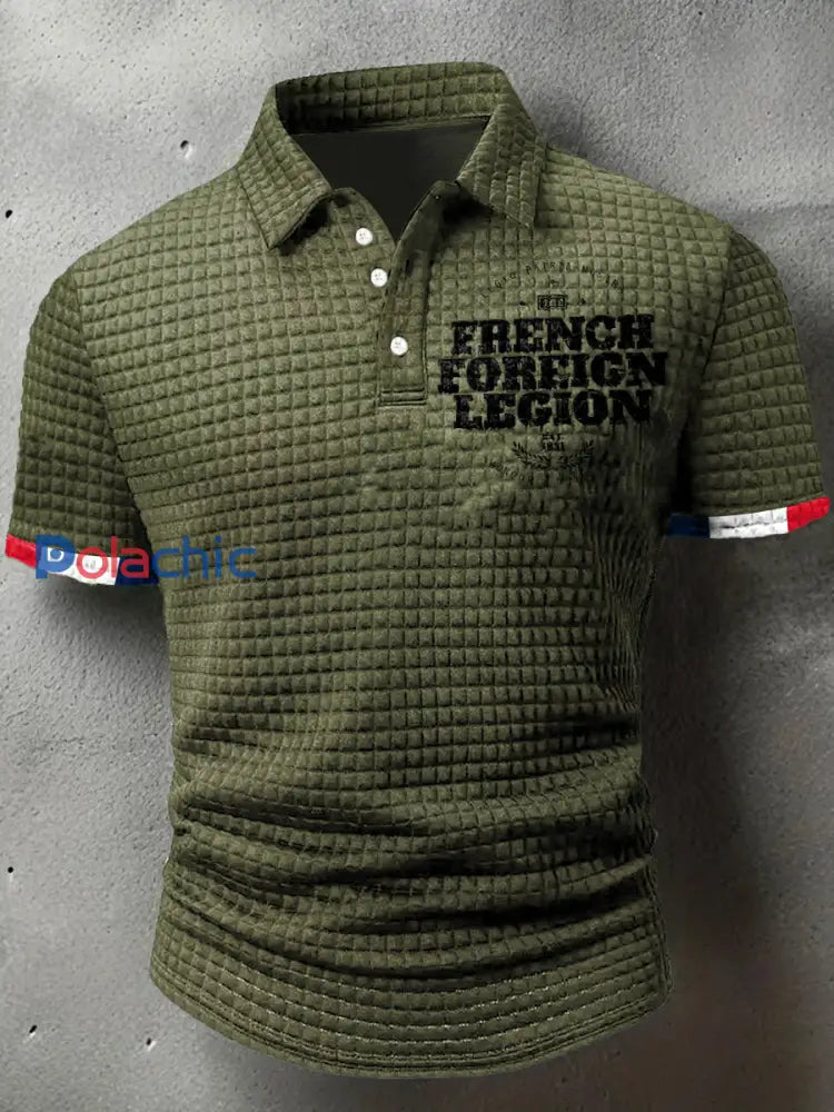 T-shirt à manches courtes à col polo gaufré imprimé Légion étrangère française pour homme vert armée / S