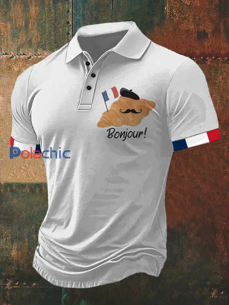 T-shirt à manches courtes à col polo pour homme Bonjour Print Blanc / S