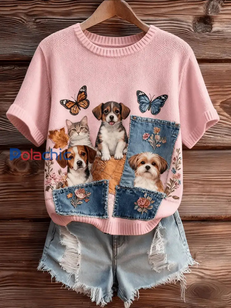 T-shirt à manches courtes Cute Stacked Cats And Dogs Femme Rose / S