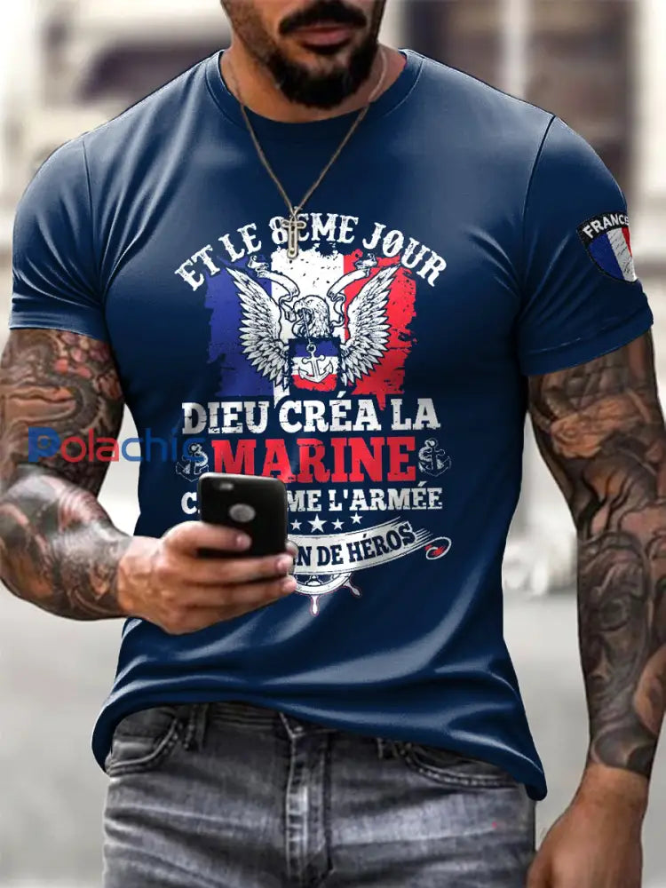 T-shirt à manches courtes décontracté bleu à imprimé drapeau français pour hommes Noir / S