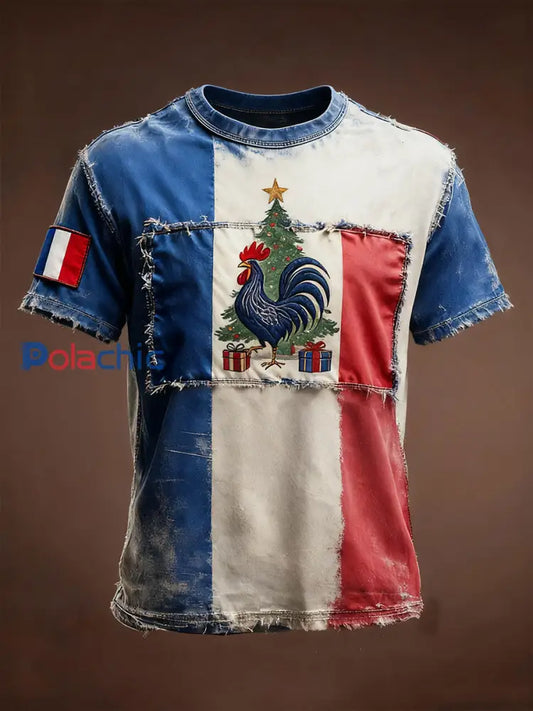 T-shirt à manches courtes Drapeau Français Le Coq Gaulois Noël Homme comme image / S