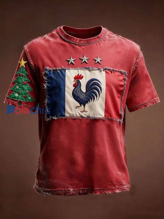 T-shirt à manches courtes Drapeau Français Le Coq Gaulois Noël Homme Rouge / S