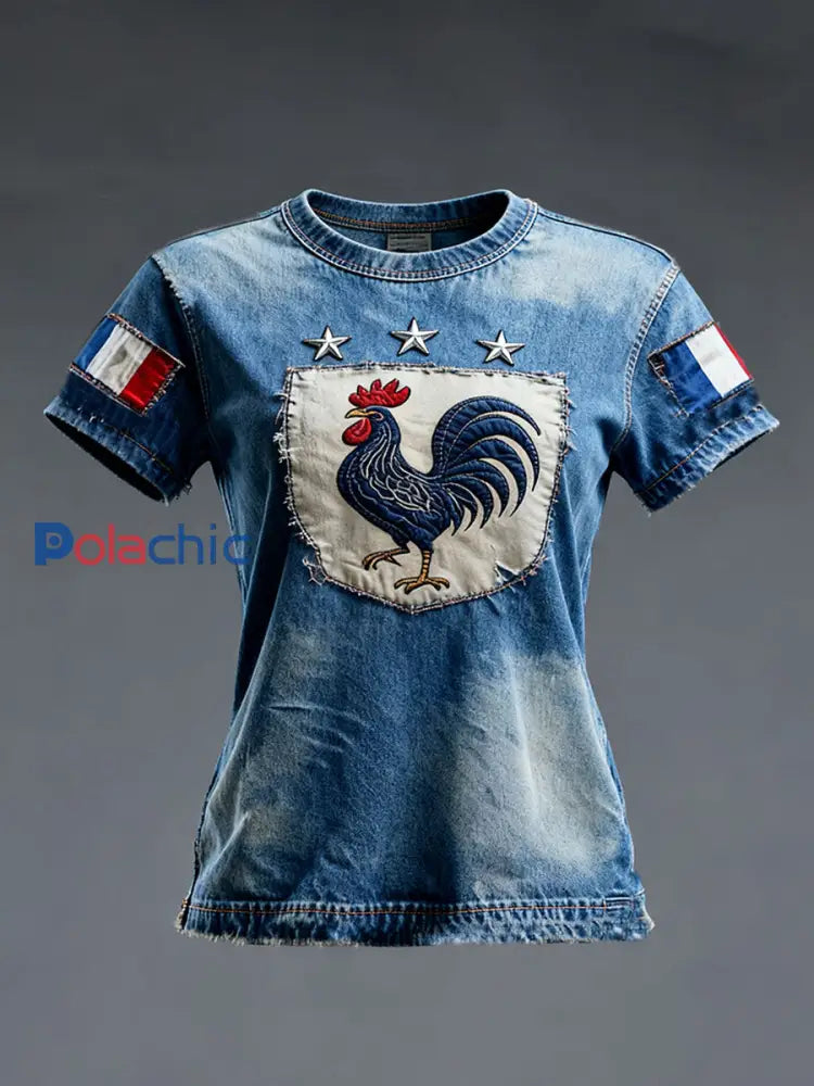 T-shirt à manches courtes Drapeau Français Le Coq Gaulois pour femme Bleu / S