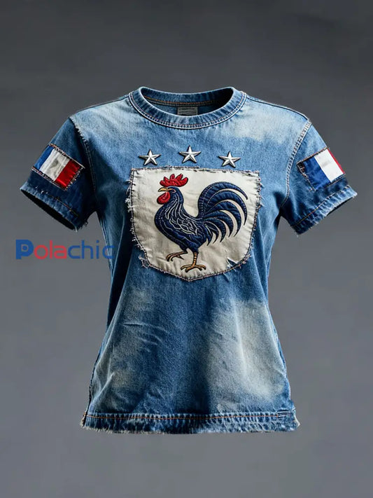 T-shirt à manches courtes Drapeau Français Le Coq Gaulois pour femme Bleu / S