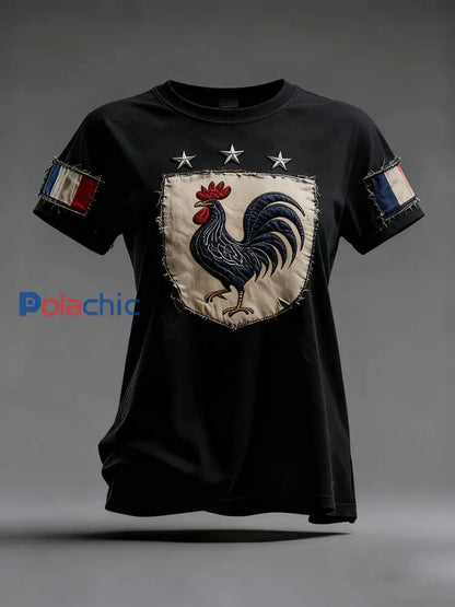 T-shirt à manches courtes Drapeau Français Le Coq Gaulois pour femme Noir / S