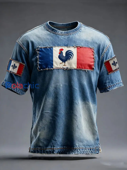 T-shirt à manches courtes Drapeau Français Le Coq Gaulois pour homme comme image / S