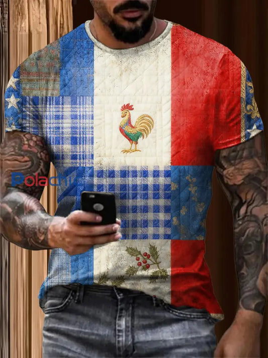 T-shirt à manches courtes Drapeau Français Le Coq Gaulois pour homme comme image / S