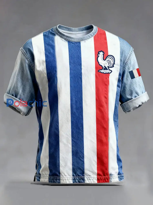T-shirt à manches courtes Drapeau Français Le Coq Gaulois pour homme comme image / S