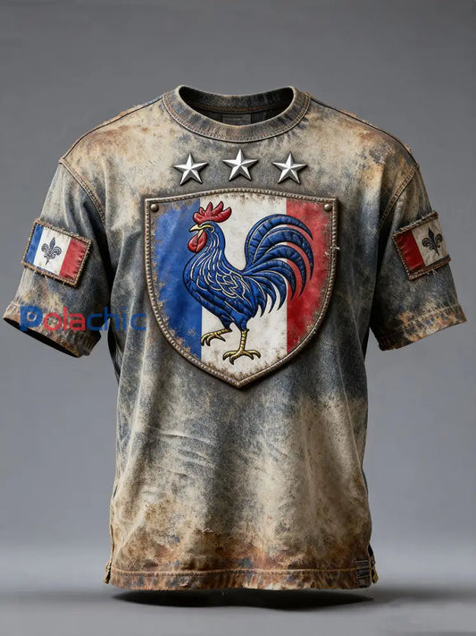 T-shirt à manches courtes Drapeau Français Le Coq Gaulois pour homme comme image / S