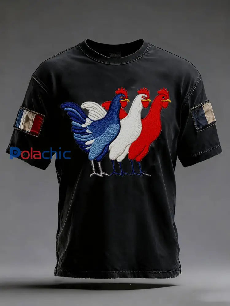 T-shirt à manches courtes Drapeau Français Le Coq Gaulois pour homme Noir / S