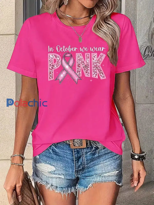 T-shirt à manches courtes en coton décontracté confortable imprimé de paillettes de cancer du sein vintage Rose / S
