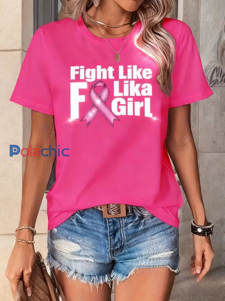 T-shirt à manches courtes en coton décontracté et confortable à imprimé cancer du sein vintage Rose / S