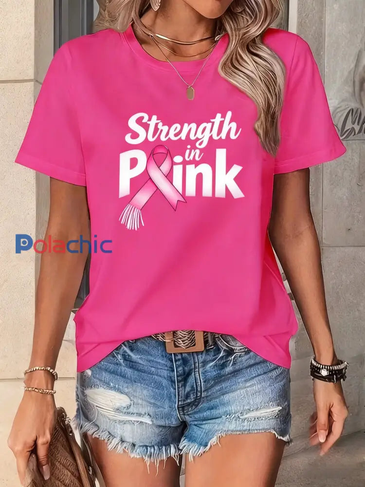 T-shirt à manches courtes en coton décontracté et confortable à imprimé cancer du sein vintage Rose / S