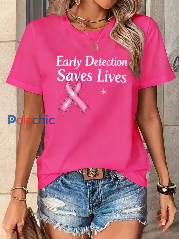 T-shirt à manches courtes en coton décontracté et confortable à imprimé cancer du sein vintage Rose / S