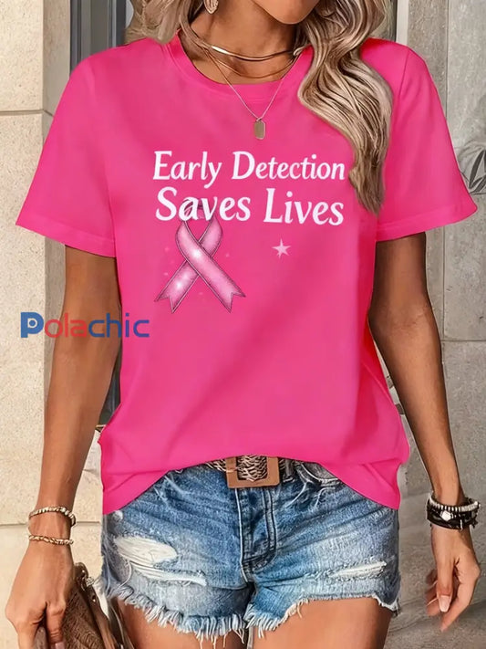 T-shirt à manches courtes en coton décontracté et confortable à imprimé cancer du sein vintage Rose / S