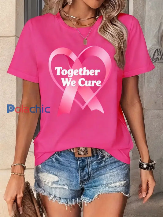 T-shirt à manches courtes en coton décontracté et confortable à imprimé cancer du sein vintage Rose / S