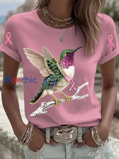 T shirt à manches courtes en coton décontracté et confortable imprimé de perles de colibri de cancer du sein vintage