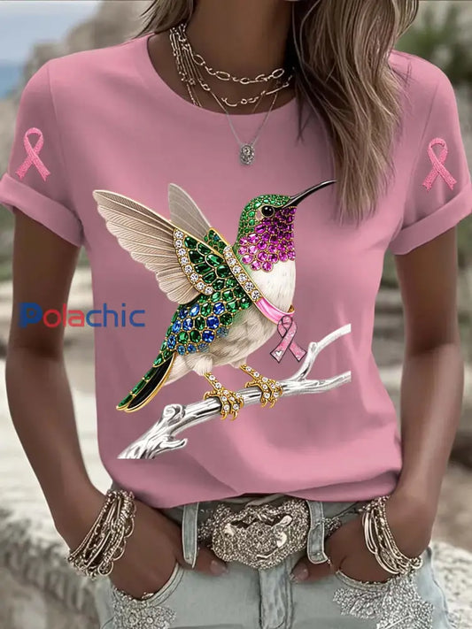 T shirt à manches courtes en coton décontracté et confortable imprimé de perles de colibri de cancer du sein vintage